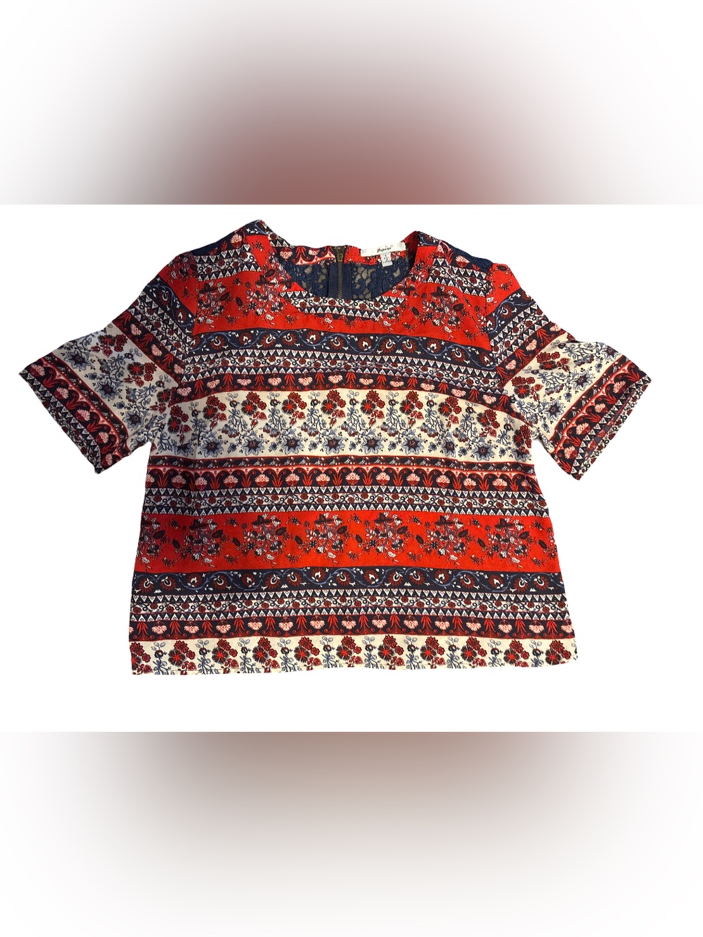 Papaya Red Navy Floral Stripe Short Sleeve Top